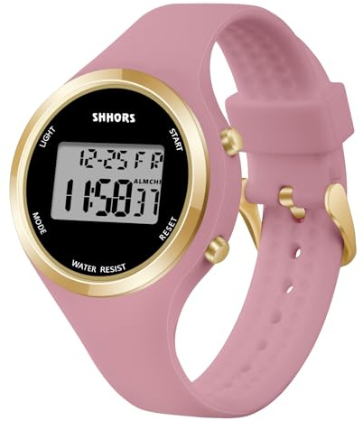 OFFCUP Digitalklocka för kvinnor, LED digital klocka med stoppur, silikonarmband väckarklocka, kronograf, sportklockor, med armband för flickor vuxna, Mörkrosa, rem