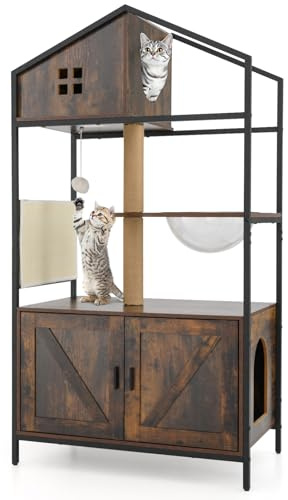 GYMAX Cat Tree with Litter Box Enclosure, Wooden Cat Tower with Sisal Scratching Posts & Pad, Space Capsule, Dangling Ball, Multi-Level Kitty Climbing Tower with Hidden Washroom for Indoor Cats | with Sisal Scratching Posts & Pad, Space Capsule, Dangling Ball, Multi-Level Kitty Climbing Tower with Hidden Washroom