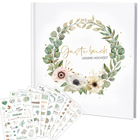 Gästebuch Hochzeit mit Stickern - 21x21cm Hardcover 120 Seiten Blanko | Goldener Titel Hochzeitsgästebuch für Fotos & Glückwünsche - Inklusive 8 Bögen Aufkleber - Hochzeitsdeko Gastgeschenk