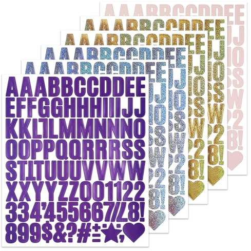 BINLINHONGO 582 Small Letter Number Stickers, 6 Sheets 1 Inch Self-Adhesive Vinyl Alphabet Sticker Decals for Scrapbooks, Greeting Cards, Envelopes, Water Bottles - Purple,Silver,Gold,Pink