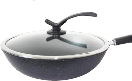Antihaft-Induktionswok mit Deckel – 32 cm – Wokpfanne mit Deckel aus gehärtetem Glas und rutschfesten, kühl bleibenden Griffen(34cm)