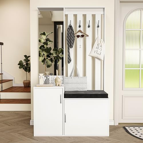 FOERPL Perchero con Armario de Zapatos,Conjunto Recibidor con Banco Zapatero,Ganchos y Espejo | 100x40x80 cm Mueble de Entrada Multifuncional,Todo en Uno,Blanco