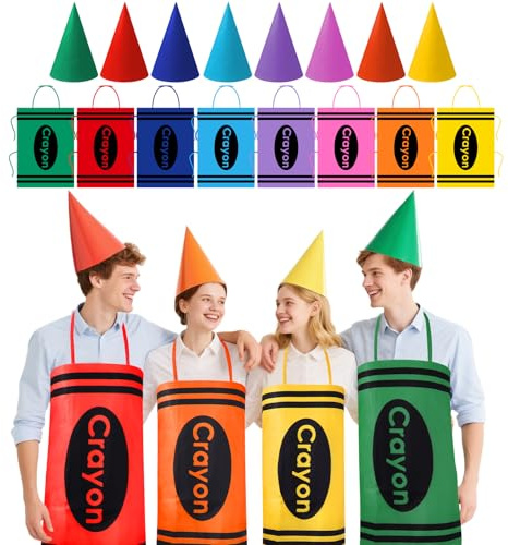 PANMAY 8-teiliges Set mit farbige Buntstift-Schürze und lustige Zwergen-Kegel-Hüte Zwergenkegel-Hüten für Kostüm-Set lustiges Outfit für Karneval Cosplay