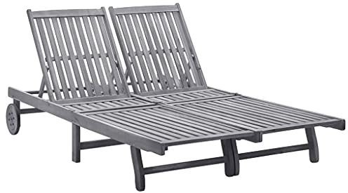 Teenpull Double Sun Lounger Solid Acacia Wood Adjustable Backrest, Grey Finish, 199 x 123 cm, with 2 Wheels, for Garden, Patio, Pool, Balcony, Robust Outdoor Lounge Chair