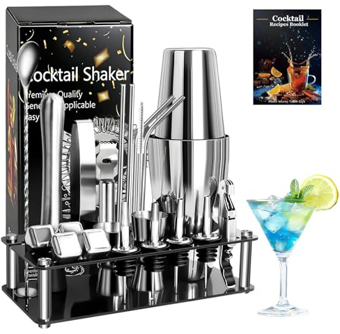 Juego de 23 cocteleras de alta calidad con coctelera Boston de acero inoxidable de 750 ml, kit de fabricación de cócteles con soporte acrílico, mortero, medidor, colador, cuchara, etc. Accesorios