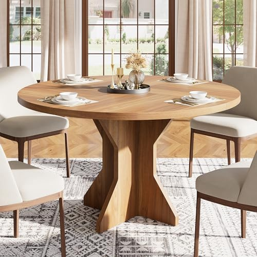 Garvee Round Dining Table for 4-6 People - 47 Circle Kitchen Dinner Table with Sturdy Pedestal Base, Small Spaces Dinning Room Furniture for Living Room, Kitchen, Apartment, Brown