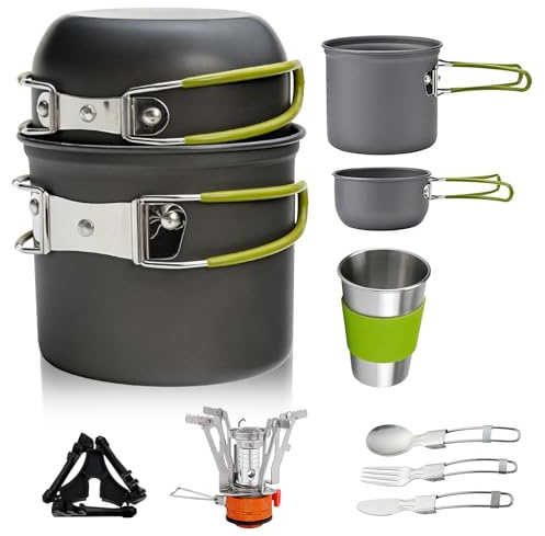 Set di stoviglie da campeggio, 10 pezzi, set di pentole da campeggio, pentole da campeggio, in alluminio, portatile, set da cucina pieghevole, mini fornello da campeggio per escursioni, pesca, picnic