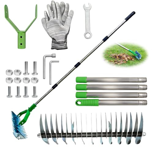 Vertikratta med handtag 170 cm, avtagbar handhållen infälld kratta med handtag, gräsmatta kratta justerbar längd, vertikal kratta, skärraka för rengöring av dött gräs, för trädgård, gård, gräsmatta