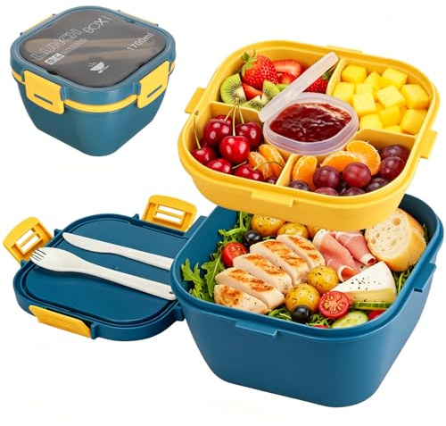 VINATO 1700ml Fiambreras Comida Trabajo, Recipiente Ensalada con Compartimentos Adulto Hermética,Libre de BPA, Apta para Microondas Lavavajillas, Incluye Cubiertos, para Picnic Escolar Trabajo (Azul)