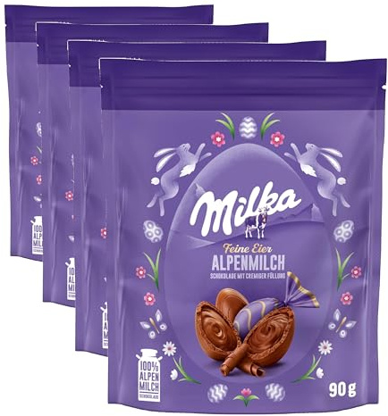 Milka Feine Eier Alpenmilch – Zartschmelzende Osterschokoladen-Eier aus 100 Prozent Alpenmilch-Schokolade – 90g (Packung mit 4)