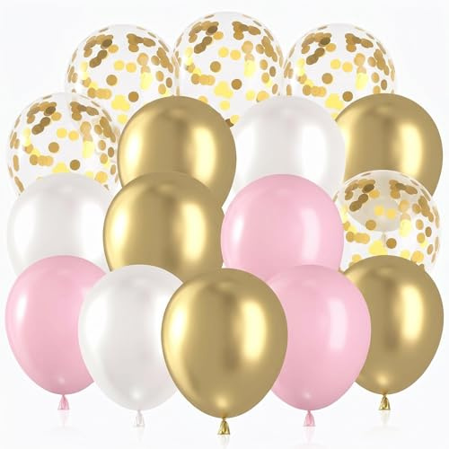 Psxixjsm 60 Stück Luftballons Rosa Weiß Gold, Heliumtaugliche Ballons & Goldene Konfettiballons für Geburtstag, Praktisches Party‑Ballon‑Set