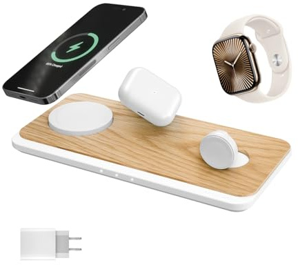 Woodcessories Multibase Pro - 3 in 1 Ladestation Holz | Magsafe Ladegerät | Wireless Charger kompatibel mit iPhone, Apple Watch, Air Pods + 45W Power Adapter | Eiche