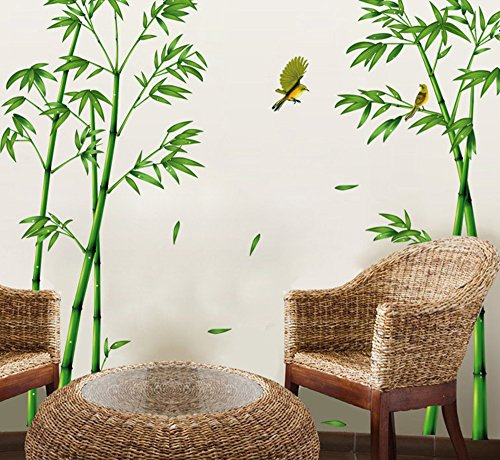 ufengke® Chinois Style Vert Bambou et Oiseau Stickers Muraux, Salle de Séjour Chambre à Coucher Autocollants Amovibles