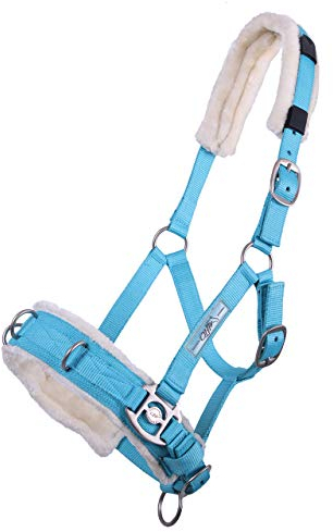 QHP Kappzaum / Halfter-Kombi Kunstfell Polsterung 3 Edelstahl D-Ringe (Shetty, Sky)