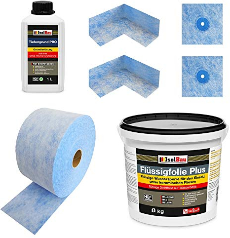 Isolbau Dichtset - Inkl. 1x Flüssigfolie PLUS (9,5 kg), 1x Tiefengrund PRO (1L), 1x Dichtband (5 m), 2x Innenecken & 2x Manschetten