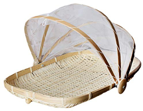 Szetosy, Cestino in bambù intrecciato a mano con copertura in rete, per coprire e servire il cibo, a prova di insetti, antipolvere, per pane, frutta e verdura, Bambù, Stile 1, 34x29CM