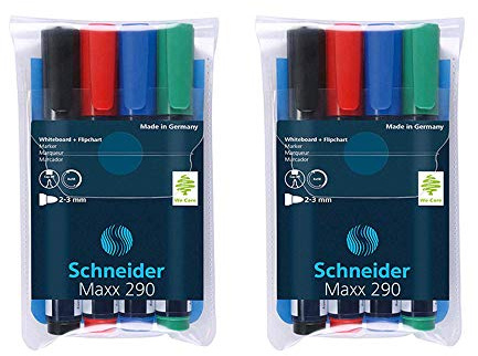 Schneider Maxx 290 Marker (für Whiteboards und Flipcharts, Rundspitze 2-3 mm Strichstärke) Etui mit 4 Farben (4er Marker Doppelpack)