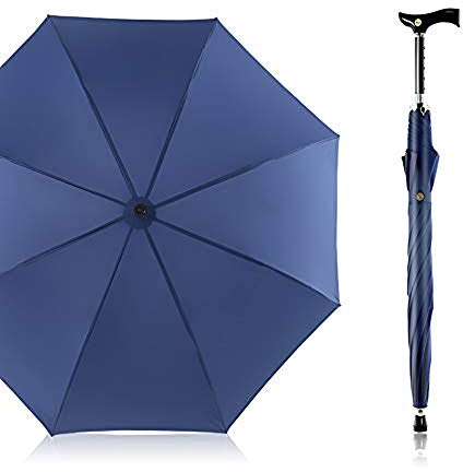 Automatik Regenschirm Gehstock, Classic Canes Regenschirm von 105cm Durchmesser Höhenverstellbar Spazierstock für Senioren,Blau