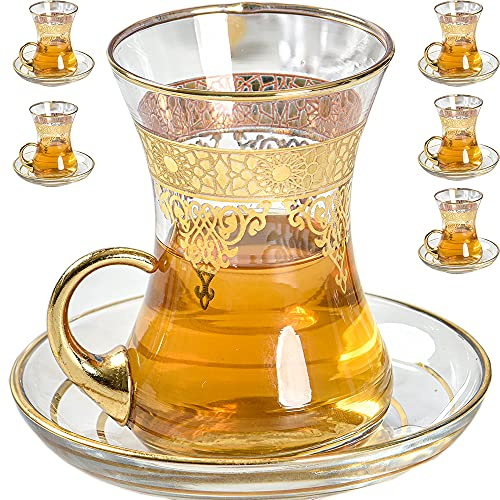Vissmarta Lot de 6 tasses à thé et soucoupes dorées turques arabes marocaines pour femme Style vintage persan Décoration de cuisine