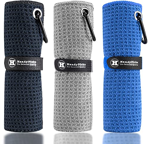 Handy Picks Mikrofaser-Golf-Handtuch (40,6 x 40,6 cm) mit Karabiner-Clip, Waffelmuster, Golf-Handtuch, Klettverschluss – das praktische Golf-Reinigungstuch, Schwarz/Grau/Blau