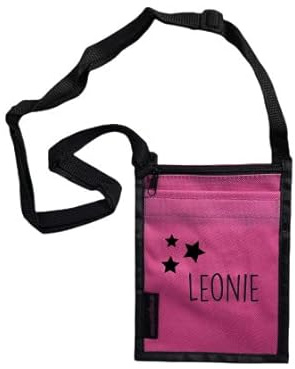 minimutz Brustbeutel mit Namen & Sternen Bedruckt | personalisierbare Brusttasche 17x13 cm | zum Umhängen mit Klarsichtfenster für Schülerausweis Buskarte (pink)