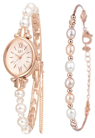 Clastyle Pearls Watch and Bracelet Set for Women - Elegant Rose Gold Ladies Watches Jewellry Set Gift
