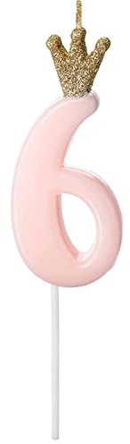 Zahlenkerze 6 Rosa Gold – Geburtstagskerze mit Krone | Glitzer Kerze Zahl 6, Kuchenkerze für 6. Geburtstag, Mädchen, Torte, Kuchen & Partydeko, 9,5cm