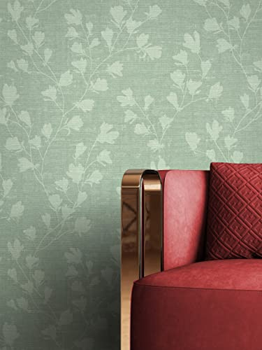 Newroom Design Tapete Grün Vliestapete Blumen - Blumentapete Floral Blätter Blüten Mustertapete Modern Natur inkl. Tapezier-Ratgeber | Blütenzweige und Blätter, Salbeigrün mit Mintnuance, feine Leinenstruktur matt, Landhausstil Vintage Romantisch