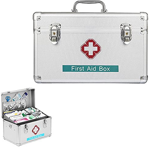 Botiquín de primeros auxilios portátil, botiquín de emergencia para acampar, contiene bandeja extraíble Caja de botiquín de emergencia familiar multifuncional con asa, Plata, 14 pulgadas (10 pulg