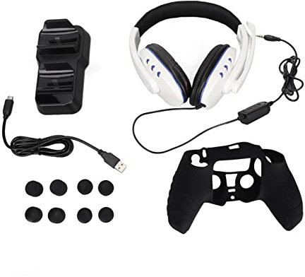 Vomeko 12-in-1 PS5 controller accessory set with gaming headset,dual charging stations,protective case and thumb grip cover for an enhanced gaming experience.Compatible with Playstation 5 controllers.