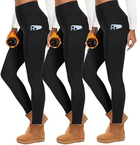 HIPOWER Lot de 3 leggings thermiques pour femmes avec poches, doublés, taille haute, en molleton, thermiques, opaques, noires, pour le sport, la course, la yoga, sous-vêtements thermiques, pantalons