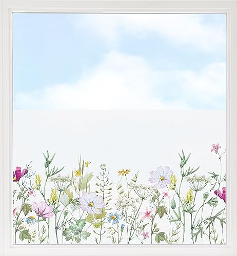 GRAZDesign Fensterfolie Blickdicht Sichtschutz, Sichtschutzfolie Fenster, Glastüren, Küche & Küchenfenster, Bad & Badfenster, Milchglasfolie Blumenwiese 90x57cm