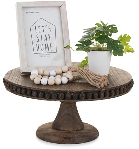 Hanobe Round Wood Cake Stand: Cupcake Pedestal Stand 12 inch Dessert Display Riser Distressed Rustic Cakes Holder Tray Vintage Beads Wooden Plate for Wedding Birthday Decor