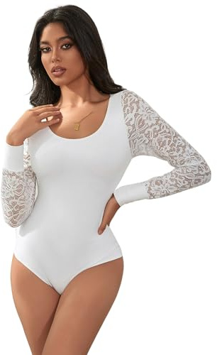 comeondear Body Da Donna Maniche Lunghe Body Sexy Chic Lace Girocollo Body Elasticizzato Top Elegante Teddy Lingerie Taglie Forti(Bianco,M)