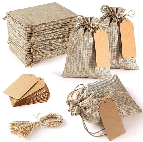 50 Stück 10x15 cm Jutesäckchen, Leinensäckchen Stoffbeutel klein, Jute Beutel mit Kordelzug und Geschenkanhänger, Wiederverwendbare Geschenktüten für Schmuck DIY Handwerk Party Geburtstag Ramadan