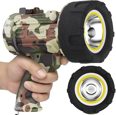 BUYSIGHT Rechargeable Spotlight Flashlight,1000,000 lumens Hand held Spotlight Waterproof Flashlight Hunting floodlight with red Filter (Camouflage Gray-COB)