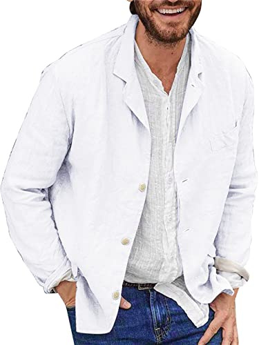 Chaqueta de lino y algodón para hombre, holgada, ligera, con botones, casual, para verano, al aire libre, con solapa, para deportes al aire libre, Blanco, XX-Large