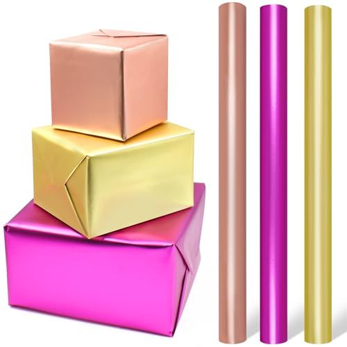 LZRinue Gift Wrapping Paper Roll,Rose Red,Gold, Pink Metallic Wrapping Paper Matte Gift Wrap Paper For Birthday Christmas Xmas Graduation Wedding Craft 43CM x 3M.