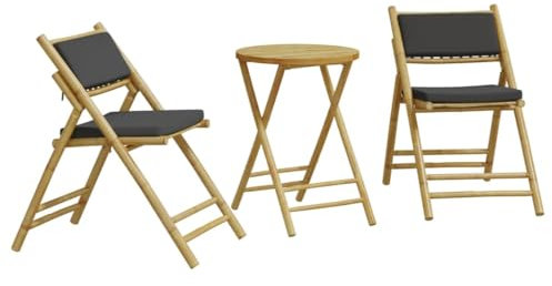 vidaXL Bistroset 3-TLG., Balkonmöbel Klappbar mit Dunkelgrauen Kissen, Bistrotisch Klapptisch 2 Klappstühle, Gartenmöbel Garnitur Balkonset Sitzgruppe, Bambus