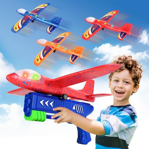 TODARRUN Airplane Launcher Toy,3 Pack LED Foam Glider Catapult Plane Toy for Boys,2 Flight Modes Indoor Outdoor Flying Toys Birthday Gifts for Boys Girls 3 4 5 6 7 8 9 10 11 12 Year Old