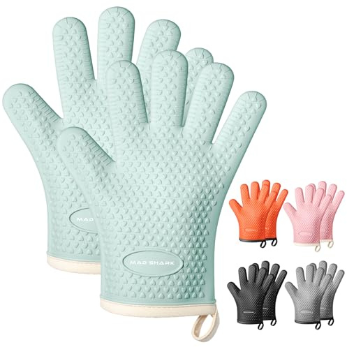 MAD SHARK Silicone Oven Mitts Heat Resistant 450°F,Waterproof & Non-Slip Oven Gloves with Fingers,Cotton Lined Silicone Oven Gloves Kitchen Mitts for Baking Cooking Barbecue,Women (Green)