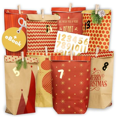 AMARI ® Calendrier de l'Avent à remplir – 24 sachets de calendrier de l'Avent en papier (avec pinces en bois) pour le bricolage des enfants – Calendrier de Noël en papier à remplir soi-même Sachets