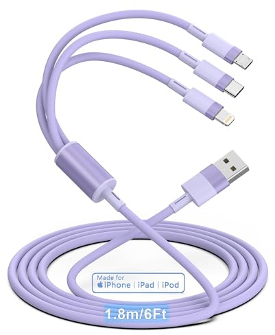 3-in-1 Multi USB Charging Cable, 6FT/1.8M [MFi Certified] Fast Charger Adapter Cord with Type-C/Lightning/Micro USB Ports Compatible with Cell Phones/Tablets, iPhones, iPads, Galaxy, Note, Durable
