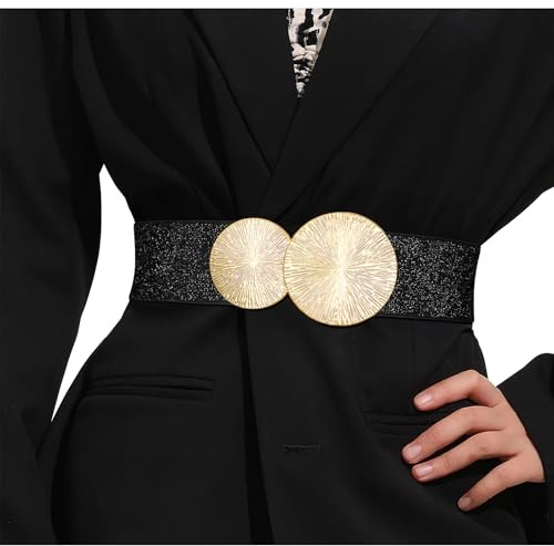 VONMELLI Damen Breiter Elastischer Gürtel mit Goldener Schnalle für Kleid Stretchy Vintage Taillengürtel für Damen