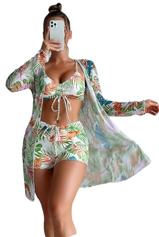 Agiyenna Ensemble de Bikini Imprimé Trois Pièces pour Femme Maillot de Bain Gainant Le Ventre Maillot de Bain D'été Sexy Push Up Haut de Bikini Croisé Réglable Taille Haute avec Chemisier Écharpe