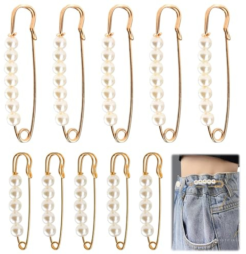 Gold Safety Pins for Clothes With Pearl 10pcs Large Safety Pins Strong Sweater Shawl Decoration Clip Big Safety Brooch Pins for Hat Kilt Blanket Shirts Cardigans Skirts Pants