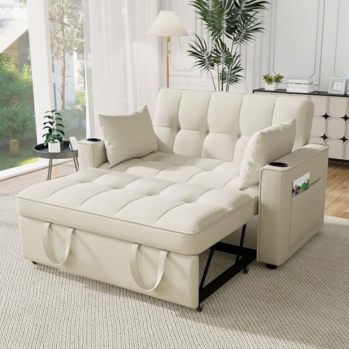 Merax Klappbares Schlafsofa 2-Sitzer,Multifunktionssofa mit Schlaffunktion,3-Fach verstellbare Rückenlehne,Getränkehaltern,Seitentaschen&2 Kissen, Beige Samt