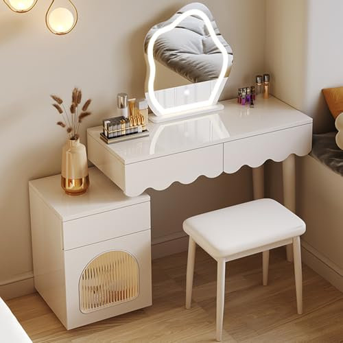 Weißes Make-up-Kosmetik-Set mit Wolken, beleuchtetem Spiegel, 3 Farben, Helligkeit, verstellbar, 3 Schubladen, Beistellschrank und gepolsterter Hocker, großer Schminktisch (861,8 x 39,9 x 74,9 cm)