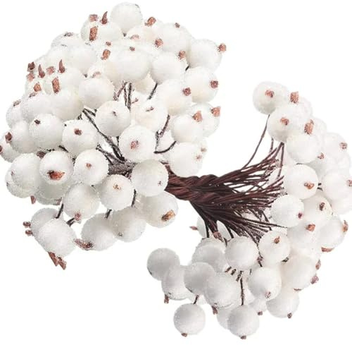 Queenbox 60 Piezas de Bayas de Acebo Artificiales esmeriladas Bayas, Mini estambres de Flores Artificiales, Bayas de Frutas Falsas para la decoración de la Corona de Navidad, Fiesta de Bodas, Blanco