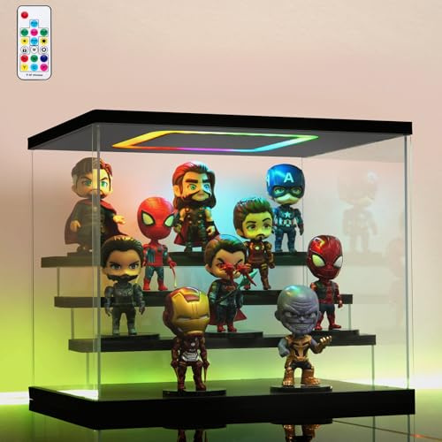 AZEYN Acryl Vitrine mit RGB LED Beleuchtung für Modellautos Figuren, 3/4/5/6 Stufen Mehrfarbige Licht Staubschutz Schaukasten für Sammlerfiguren (Schwarz, 4 stufen, 32x24.5x27cm)